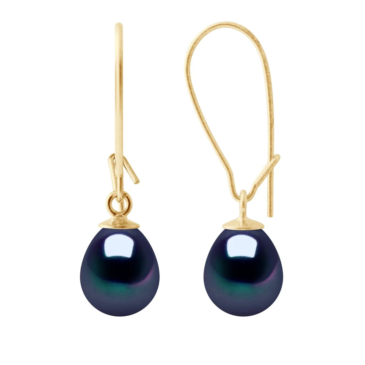 Drop Earrings Freshwater Pearl Black Yellow Gold 7-8mm Lever Back