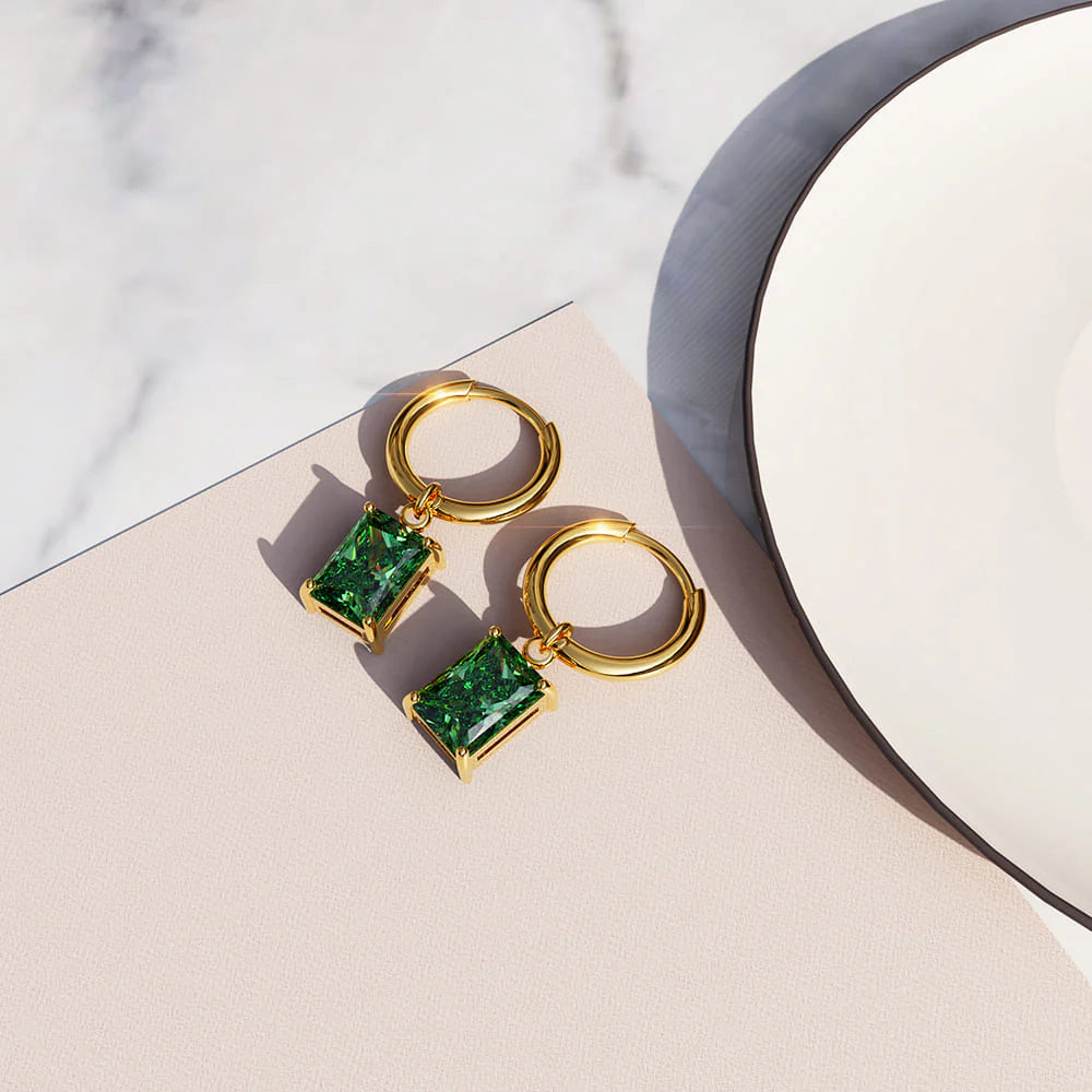 Bullion Gold Faye Emerald Green Rectangular Drop Pendant Hoop Earrings