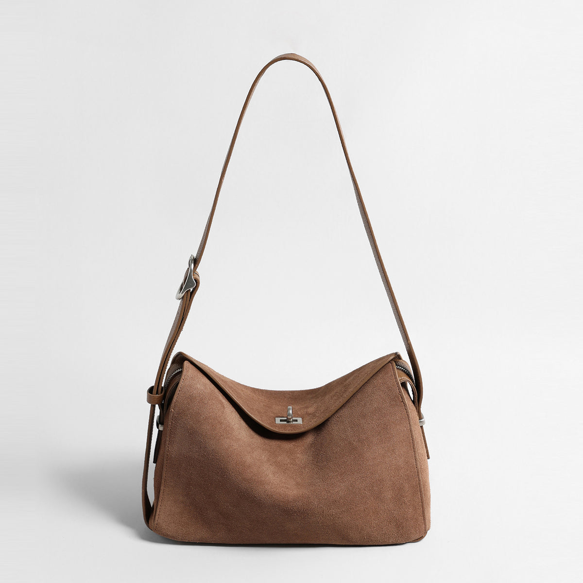 Suede Turn-Lock Hobo Bag – Adjustable Leather Strap Crossbody Bag