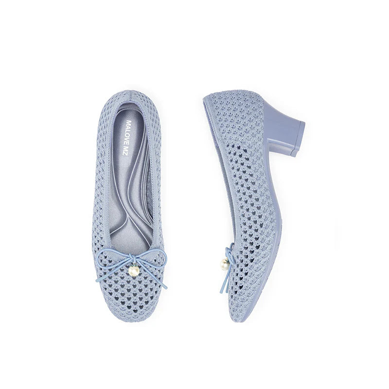 Pearl Bow Mesh Knit Round Toe Pumps - Blue