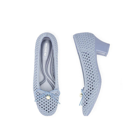 Pearl Bow Mesh Knit Round Toe Pumps - Blue