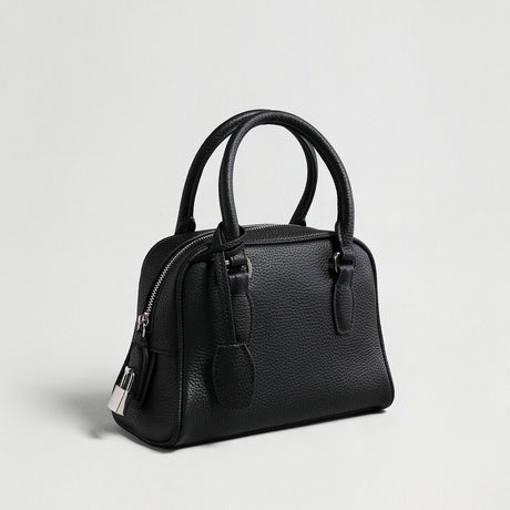 Mini Pebbled Leather Bowling Bag with Padlock Charm - Black