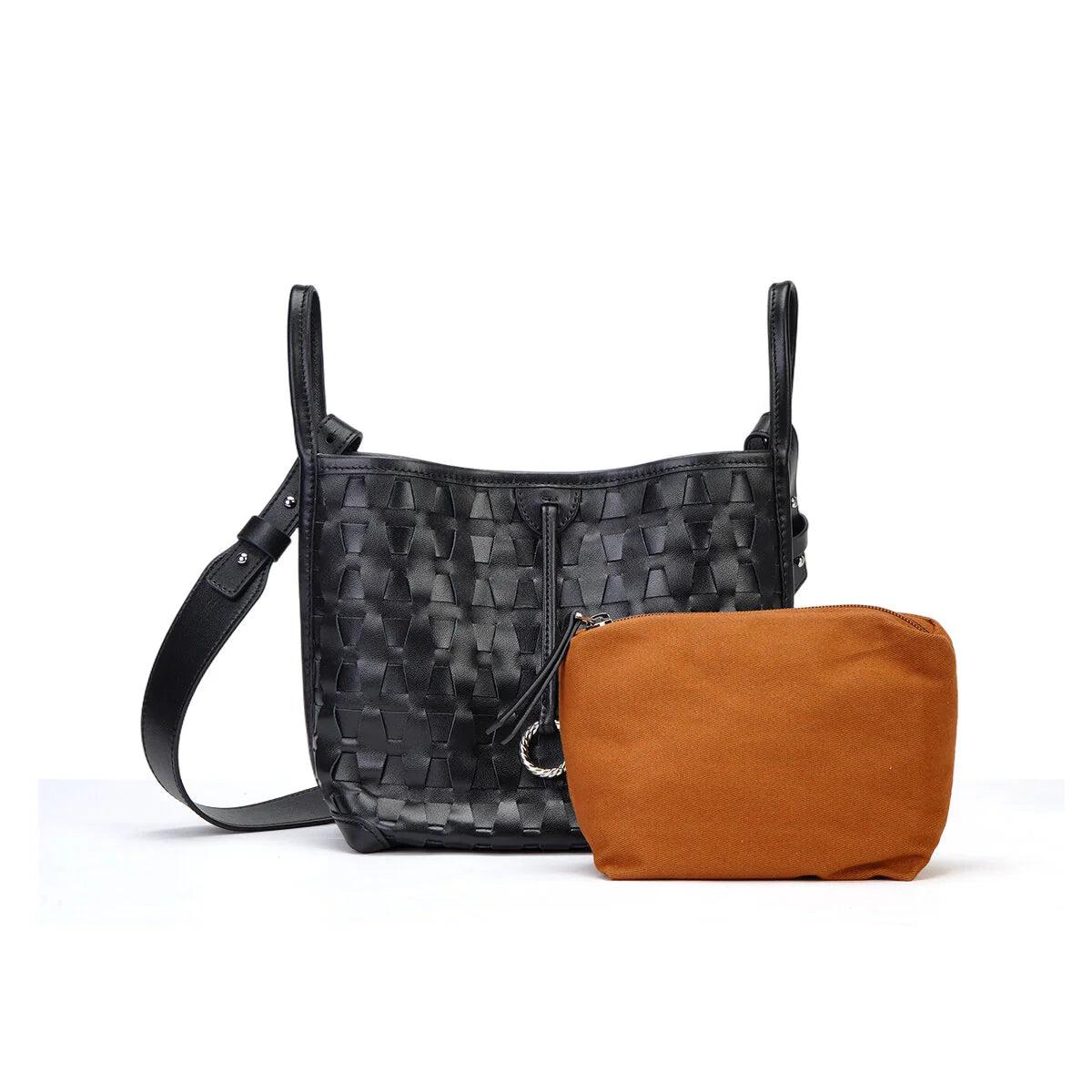 BAMEI Embossed Calfskin Leather Bucket Bag Set - Black