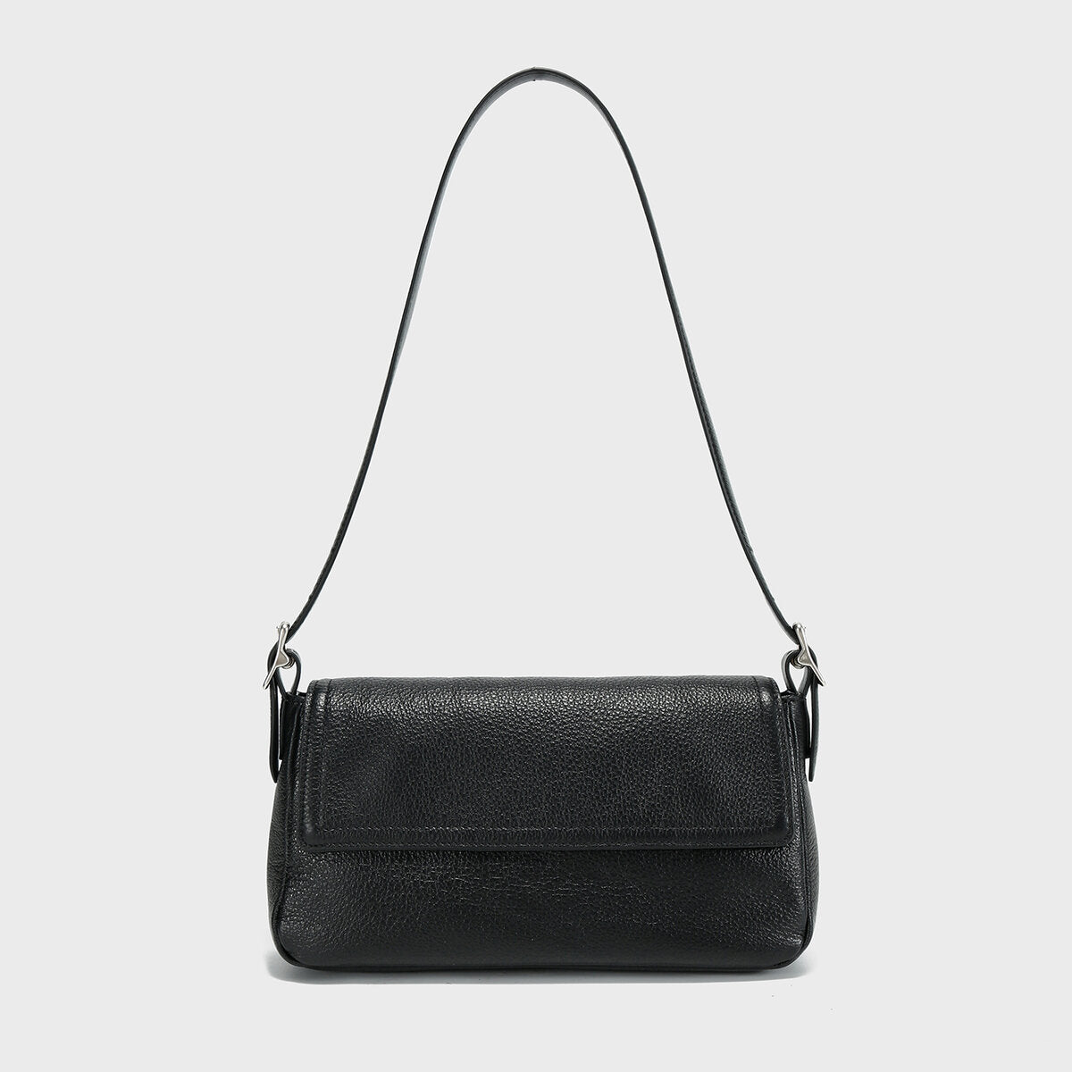 Premium Calfskin Leather Baguette Shoulder Bag - Black
