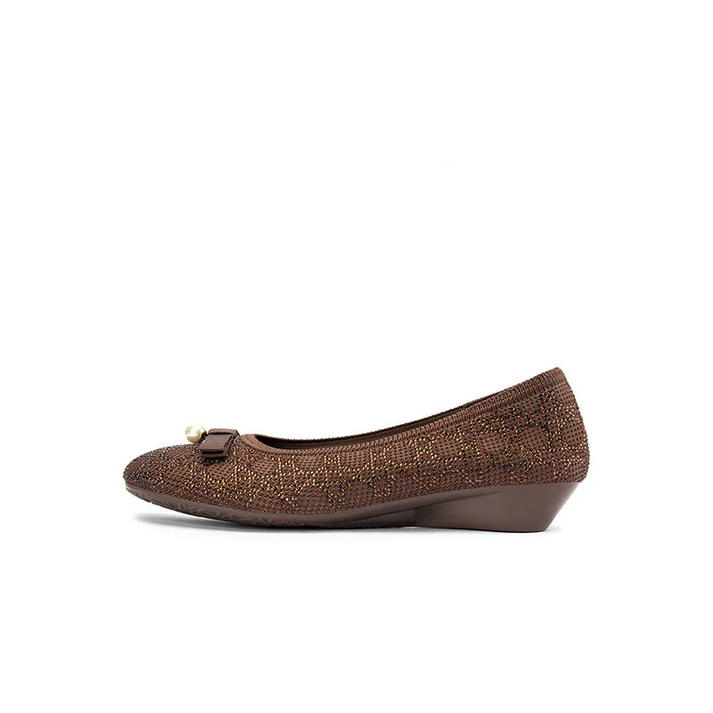 Pearl Bow Czech Crystal Knit Round Toe Wedge Pumps - Chocolate
