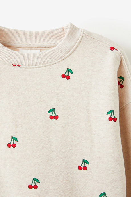 Cotton On Kids Girls Sammy Oversized Crew - Oatmeal Marle/Cherries