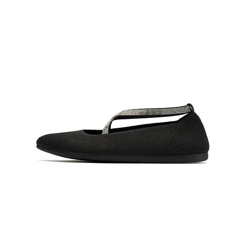 Rhinestone Cross Strap Knit Ballet Flats - Black