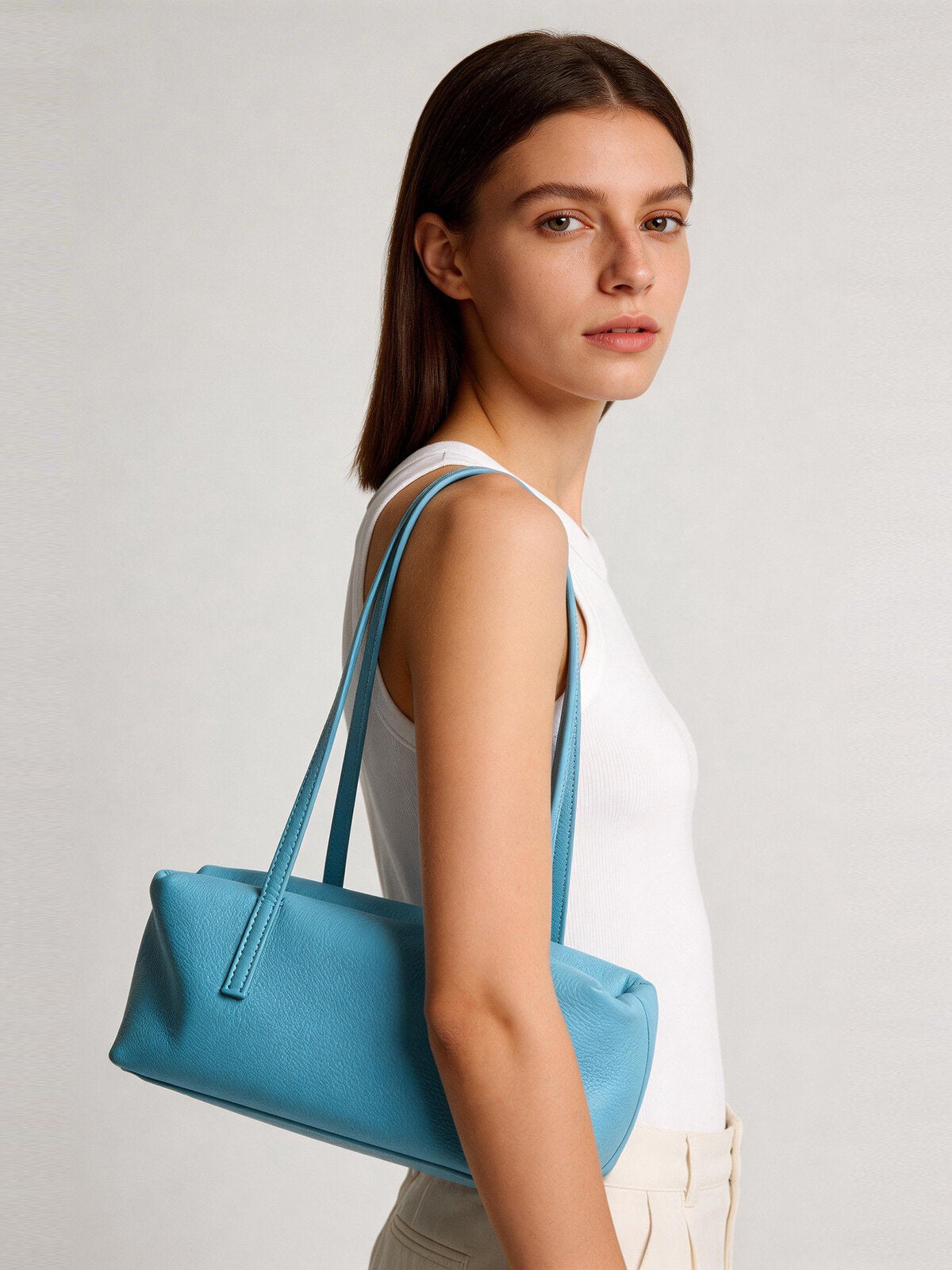 Soft Pebbled Leather Rectangular Shoulder Bag - Blue