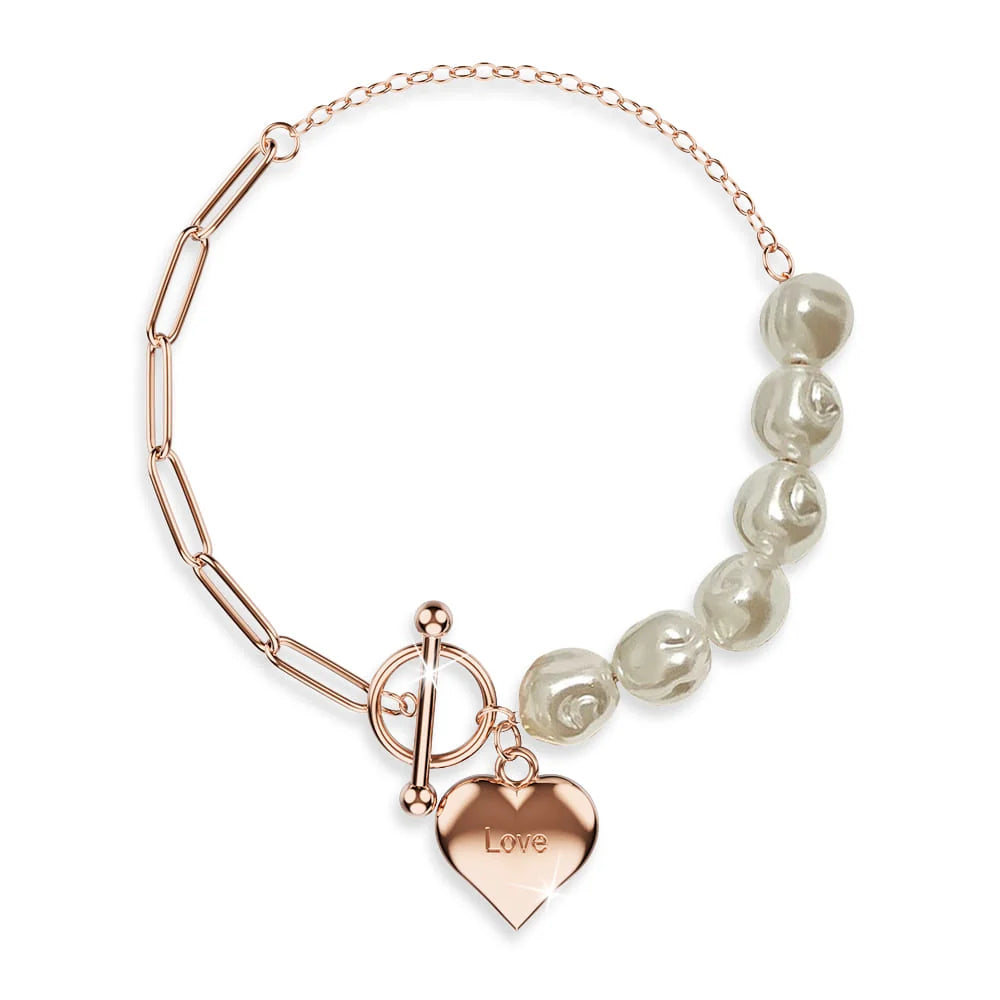 Bullion Gold Pearl Paper Clip Chain Heart Rose Gold Layered Stainless Steel Bracelet