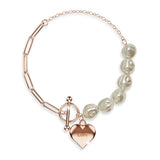 Bullion Gold Pearl Paper Clip Chain Heart Rose Gold Layered Stainless Steel Bracelet