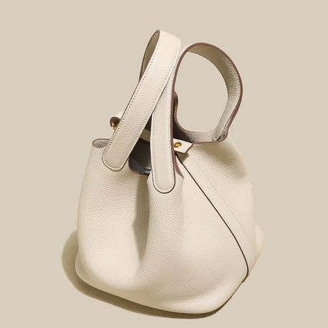 Premium Pebbled Leather Bucket Tote Bag - Ivory