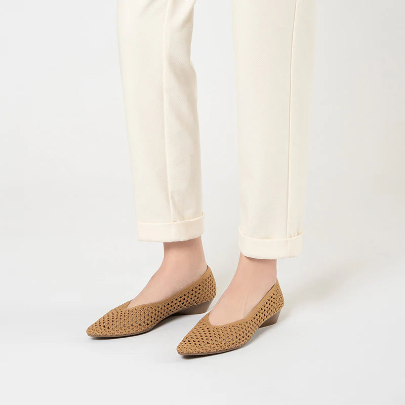 Heart Mesh Knit Pointed Toe Wedge Pumps - Tan
