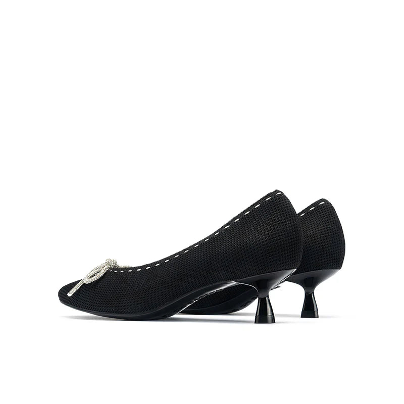Rhinestone Bow Kitten Heels - Black