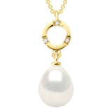Necklace Jewelry Diamond 0.01Cts (3 X 0.0033 Cts) Yellow Gold and Real Cultured Freshwater Pearl Pear 9-10 mm - Natural White - Length Chain 42 cm