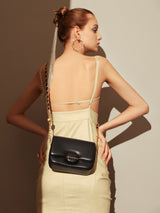 Structured Buckle Leather Shoulder Bag - Black