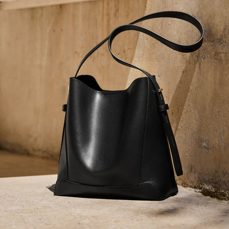 Nalandu Luxe Genuine Leather Bucket Tote Shoulder Bag - Black