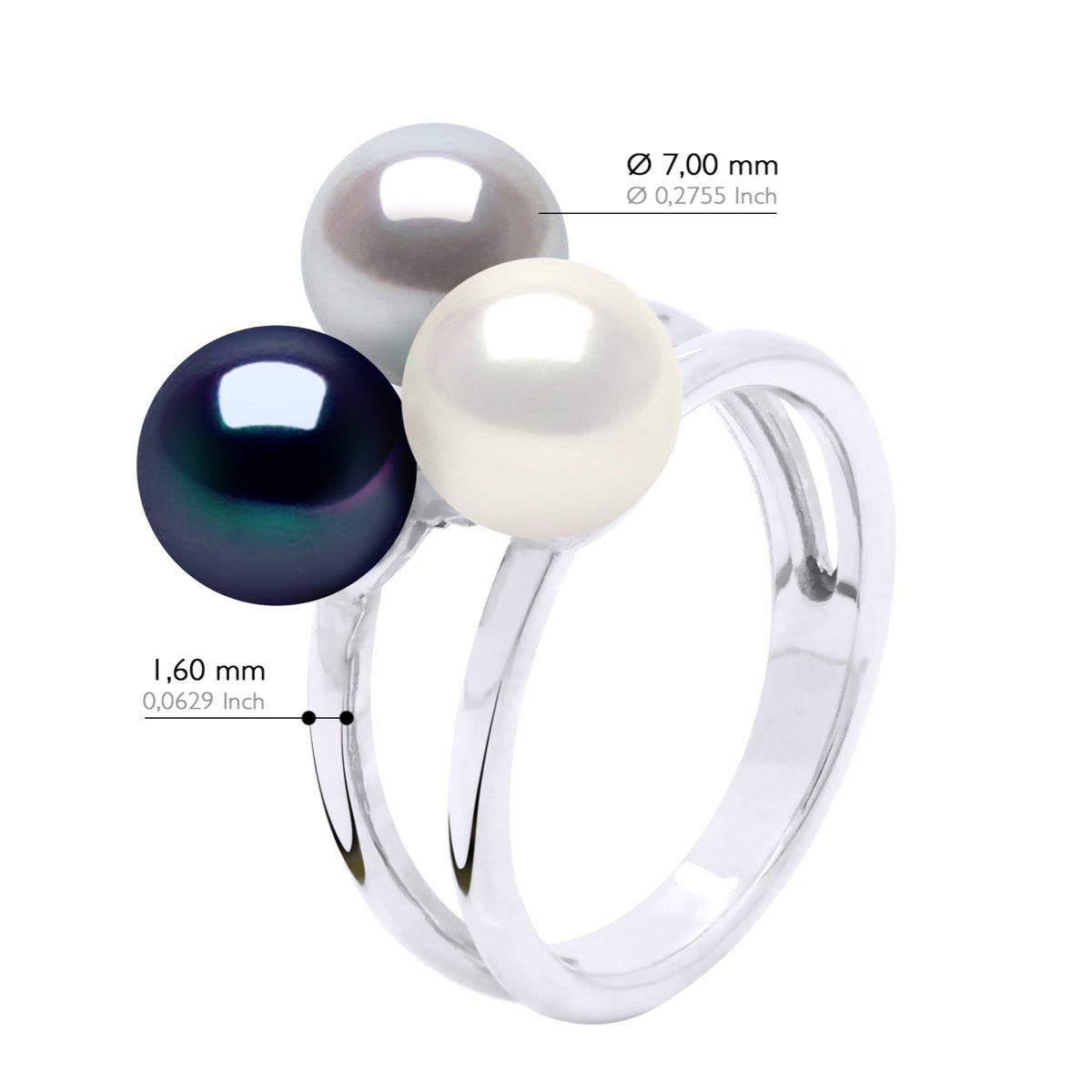 Ring "Trilogie" Bulk - Natural White + Grey (Pearl Grey) + Black "Tahitian Style" - Longueur 42 cm