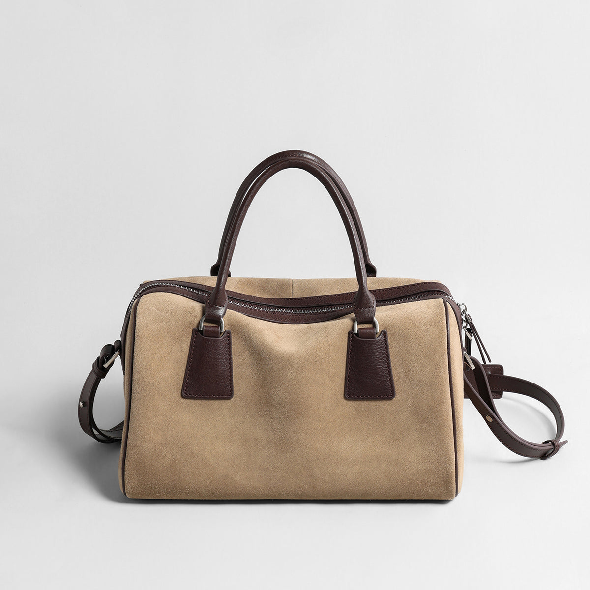Vintage Suede Leather Boston Bag – Contrast Leather Handle Crossbody Handbag