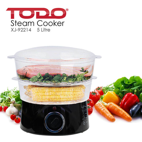 TODO 5L Steam Cooker Steamer 2 Tray 400W Power Dial Timer Healthy Stackable - Black