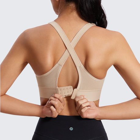 Zip Front Large Padded High Impact Sports Bra - Beige