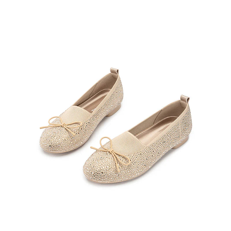 Rhinestone Bow Knit Round Toe Ballet Flats - Champange