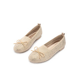 Rhinestone Bow Knit Round Toe Ballet Flats - Champange