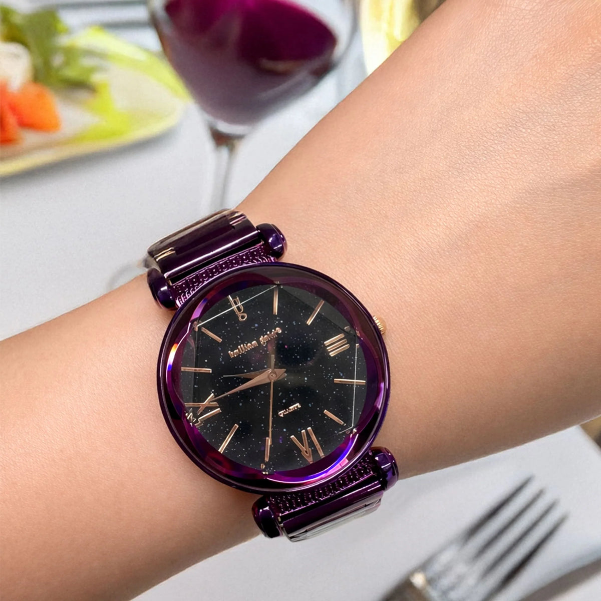Bullion Gold Bullion Gold Romish Watch Embellished with Glittering Crystals - Purple and Black
