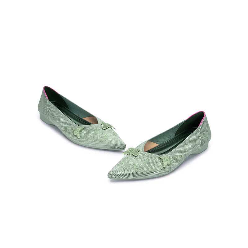 Butterfly Floral Knit Pointed Toe Ballet Flats - Mint