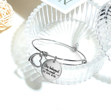 Bullion Gold She Believed She Could Heart Charm White Gold Layered Tubular Adjustable Inspirational Bangle