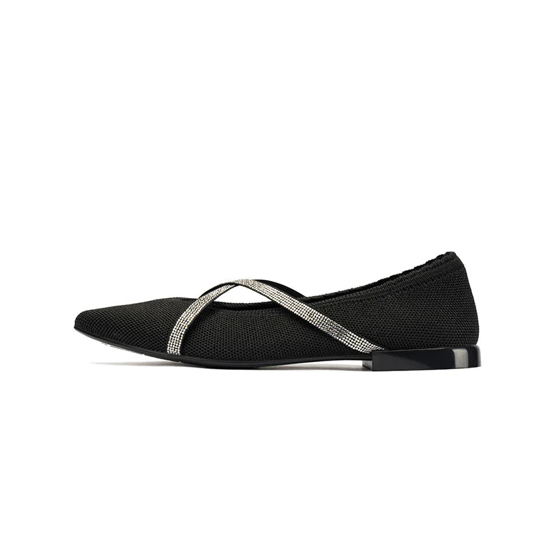 Rhinestone Cross Strap Pointed Toe Knit Flats - Black