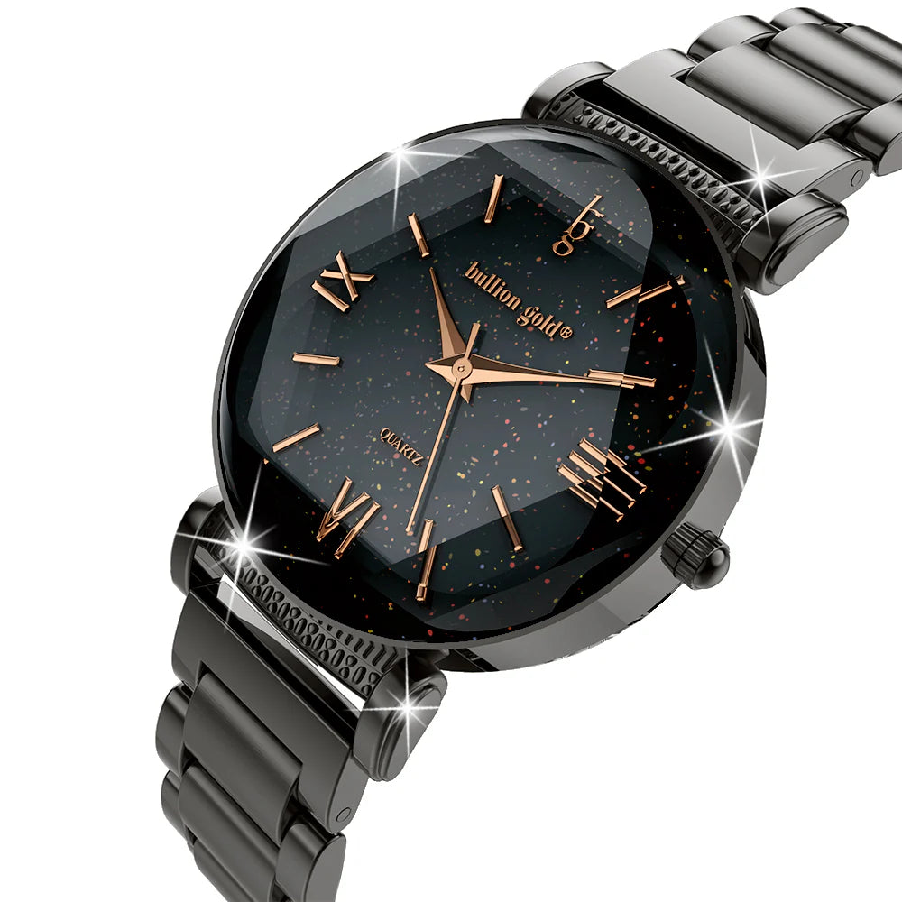 Bullion Gold Bullion Gold Romish Watch Embellished with Glittering Crystals - Black and Rose Gold