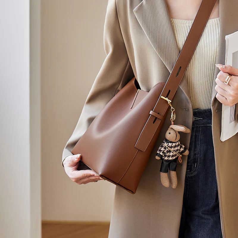 Nalandu Natalia Rabbit Charm Leather Work Tote Bag - Coffee