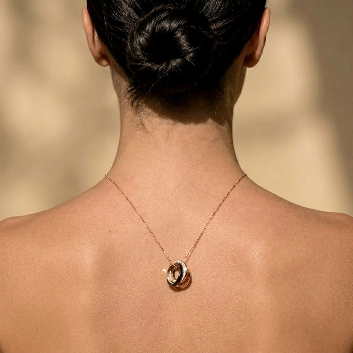 Krystal Couture Rose Gold Triple Interlocking Ring Black Pendant Necklace Embellished with Swarovski Crystals