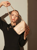 Structured Buckle Leather Shoulder Bag - Nude