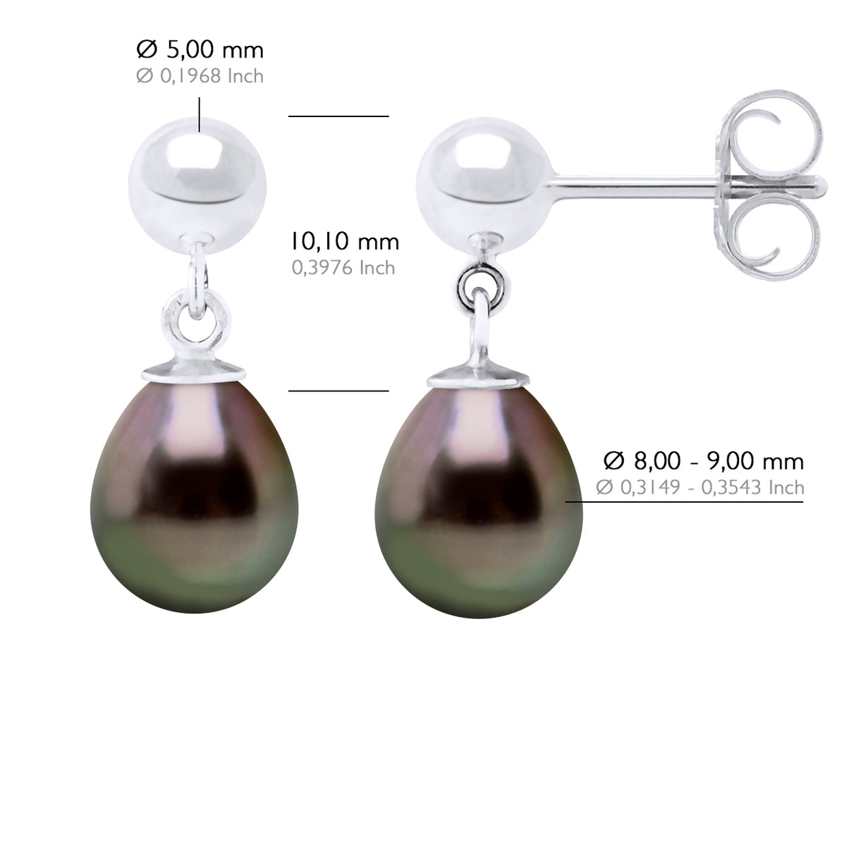 Earrings of Silver 925 and Real Cultured Tahiti Pearls Pear 8-9 mm - Longueur 42 cm