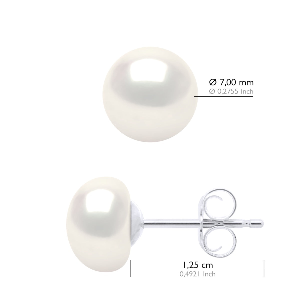 Earrings of Silver 925 and Real Cultured Freshwater Pearls Button 7-8 mm - Natural White - Longueur 18 cm