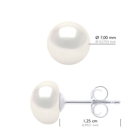 Earrings of Silver 925 and Real Cultured Freshwater Pearls Button 7-8 mm - Natural White - Longueur 18 cm