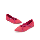 Rhinestone Cross Strap Pointed Toe Knit Flats - Watermelon