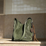 Nalandu Vintage Leather Large Capacity Tote Bag - Olive