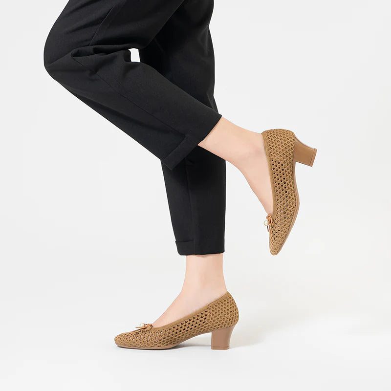 Pearl Bow Mesh Knit Round Toe Pumps - Tan