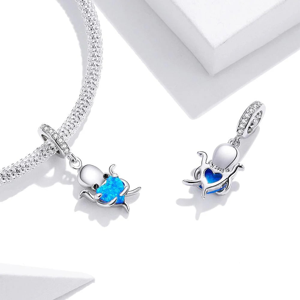 Solid 925 Sterling Silver Little Octopus feat. Blue Blazing Heart Pandora Inspired Charm