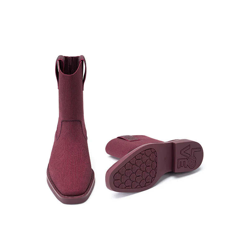 Knit Block Heel Ankle Boots - Wine