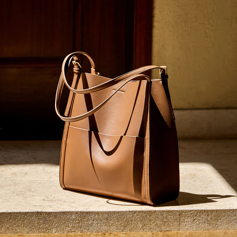 Nalandu Minimal Soft Leather Commuter Tote Bag - Brown