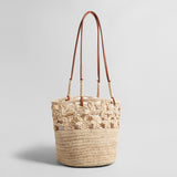 Floral Crochet Woven Straw Tote Bag - Natural