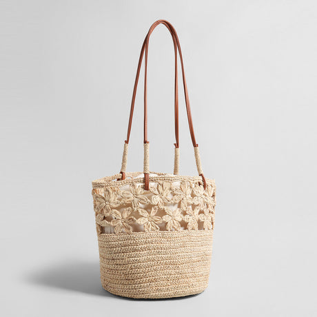 Floral Crochet Woven Straw Tote Bag - Natural