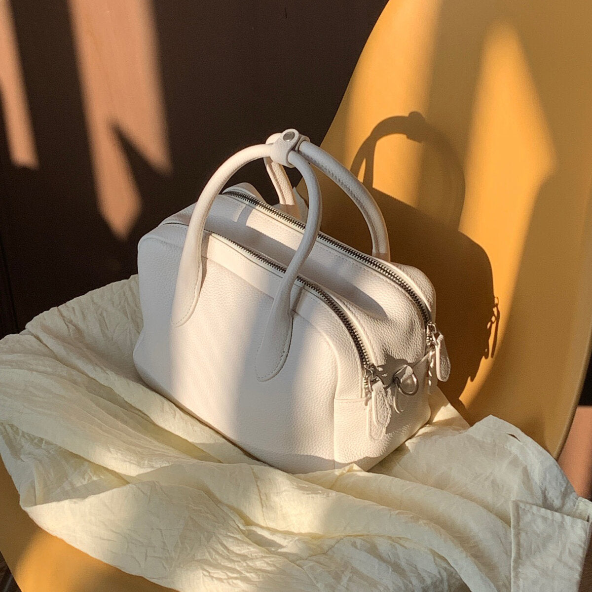 Pebbled Leather Bowling Bag - White