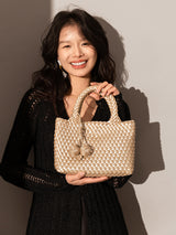 Happy Mini Woven Leather Top Handle Bag - Champagne