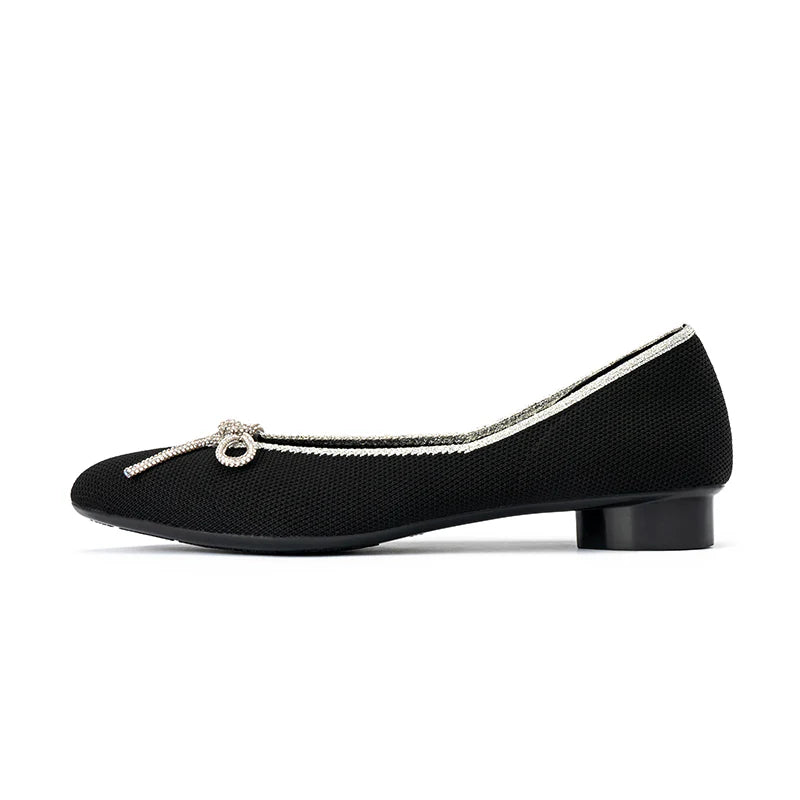 Rhinestone Bow Ballet Flats - Black
