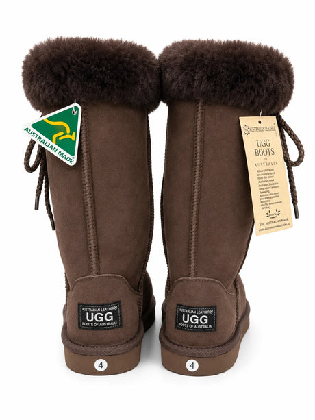 Australian Leather Ugg Tall Fur Cuff Lace Up - Chocolate - AU4