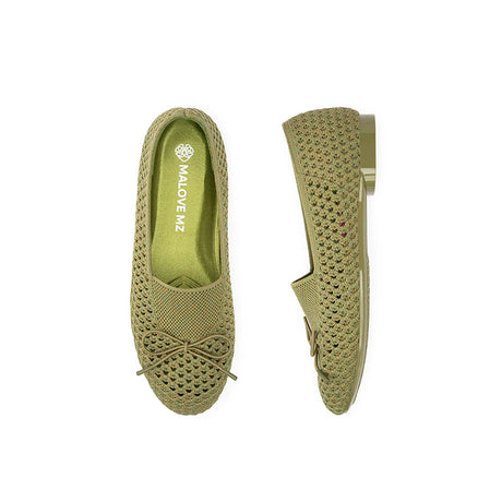 Bow Hollow Mesh Knit Round Toe Low Heel Flats - Avocado